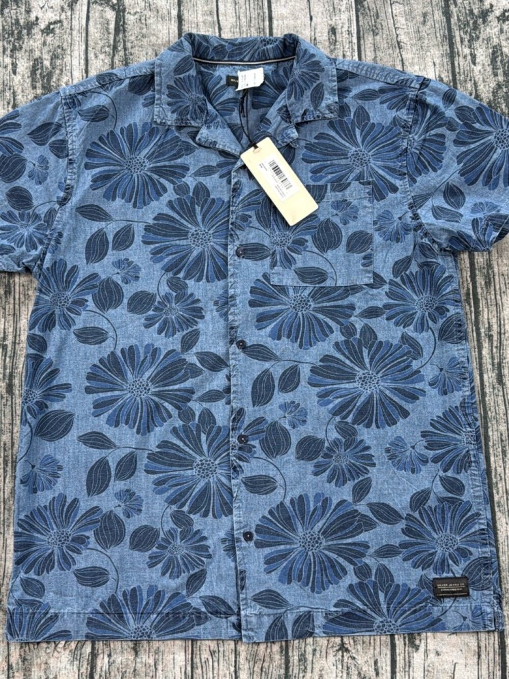 Silver Jeans Co SMS242535 Floral Camp Collar Shirt Men M Blue Cotton READ